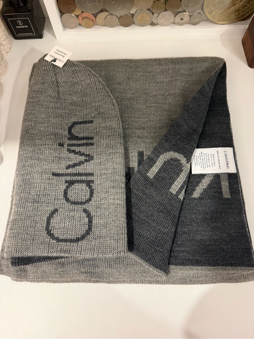 New Calvin Klein Two-Tone Knit Scarf & Hat